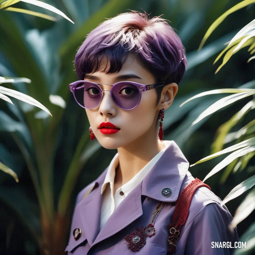 Woman with purple hair and sunglasses on a sunny day in a tropical setting with palm trees in the background. Example of #A89AC2 color.