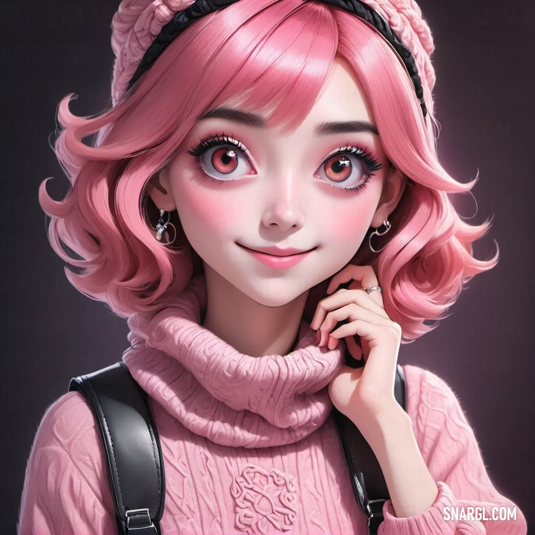 Girl with pink hair and a pink sweater and a black bag and a pink sweater and a black and white bow