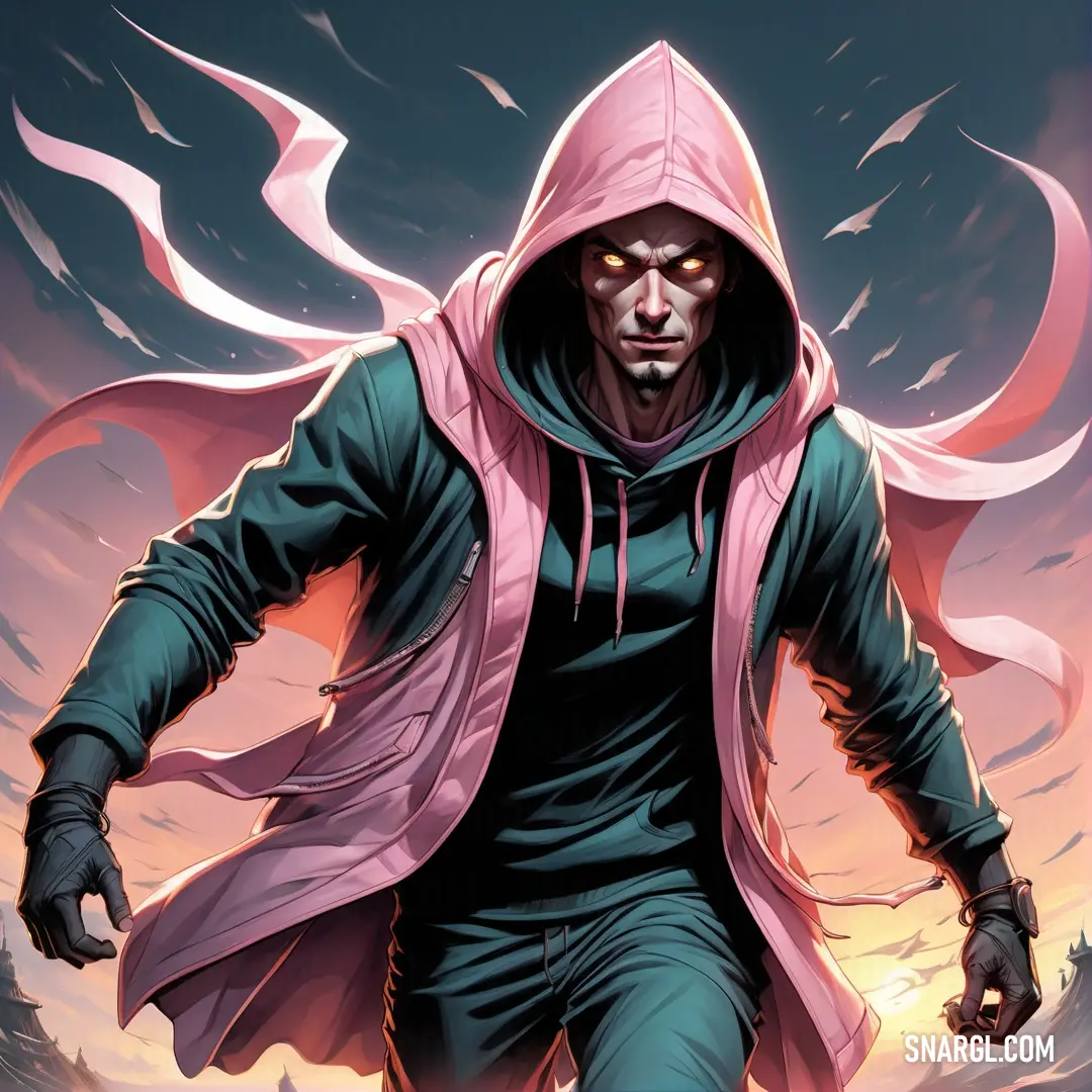 Man in a hooded jacket is walking through the desert with a pink cloak on his head