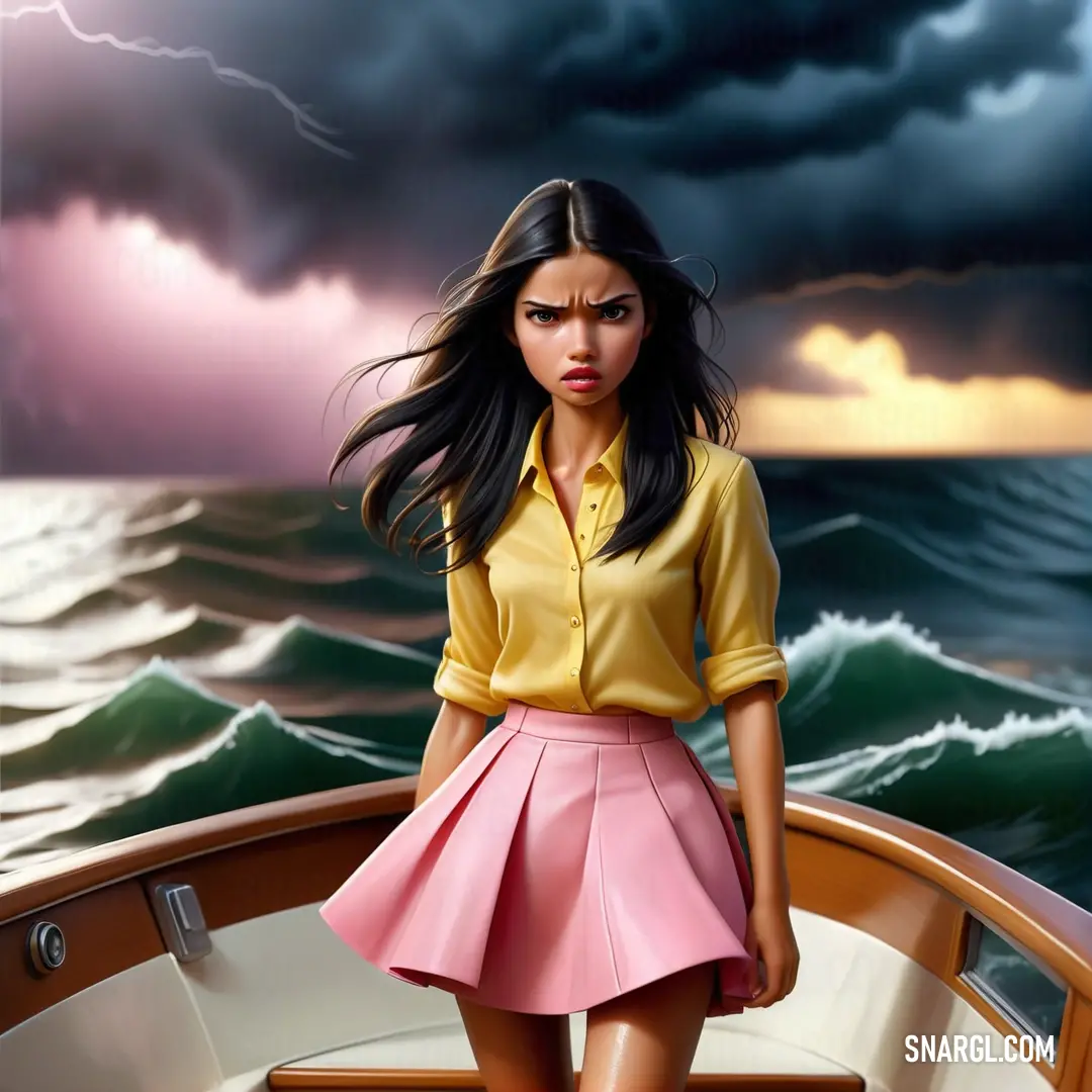 Woman in a pink skirt standing on a boat in the ocean with a storm in the background and a lightning in the sky