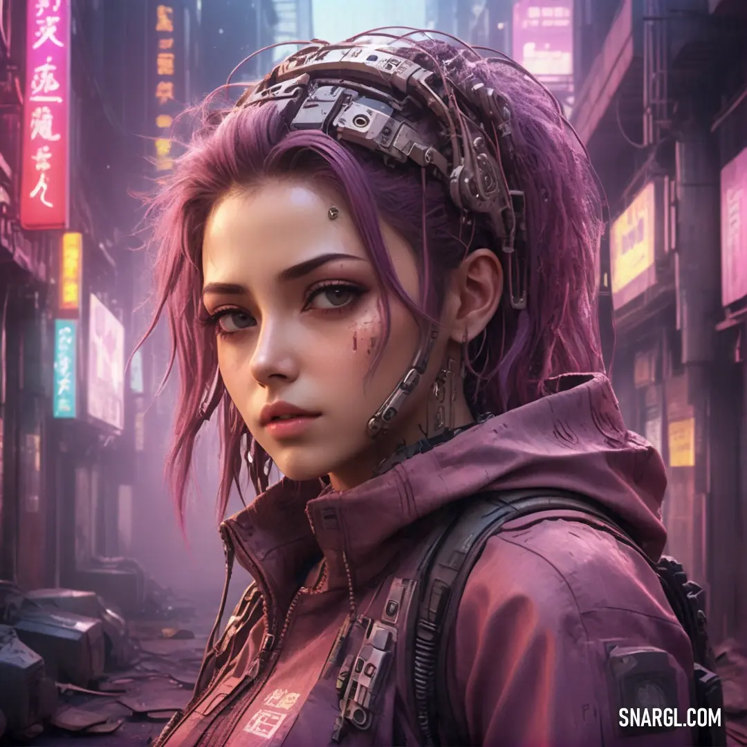 Woman with purple hair and piercings in a city street at night with neon signs