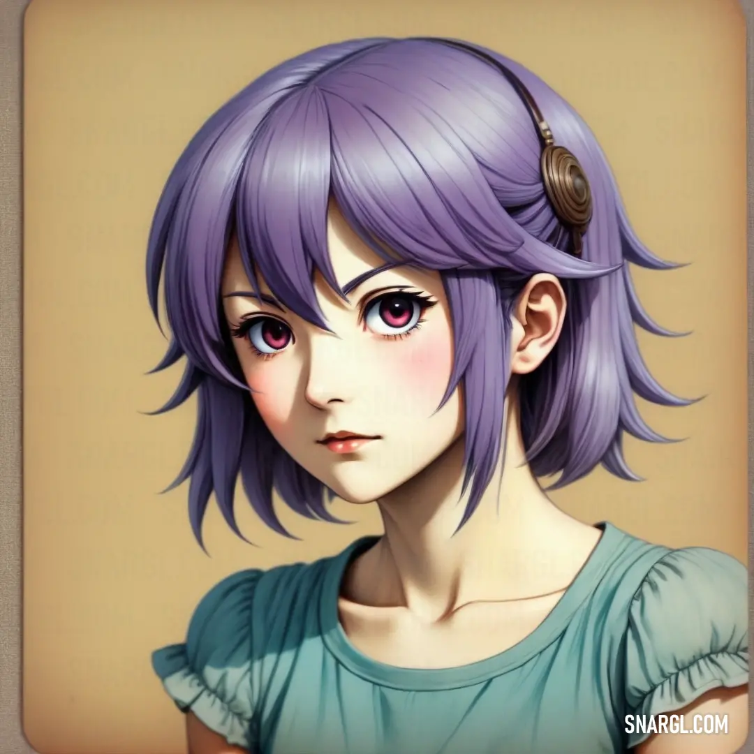 Girl with purple hair and a green shirt is looking at the camera with a serious look on her face. Color #9B91BE.