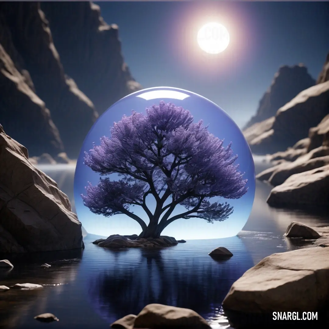 Tree in a glass ball with a lake in the background. Color PANTONE 2100.