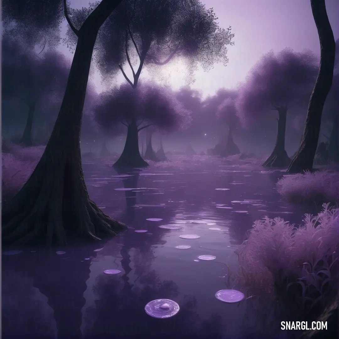 Painting of a swamp with trees and water in the background. Example of PANTONE 2101 color.