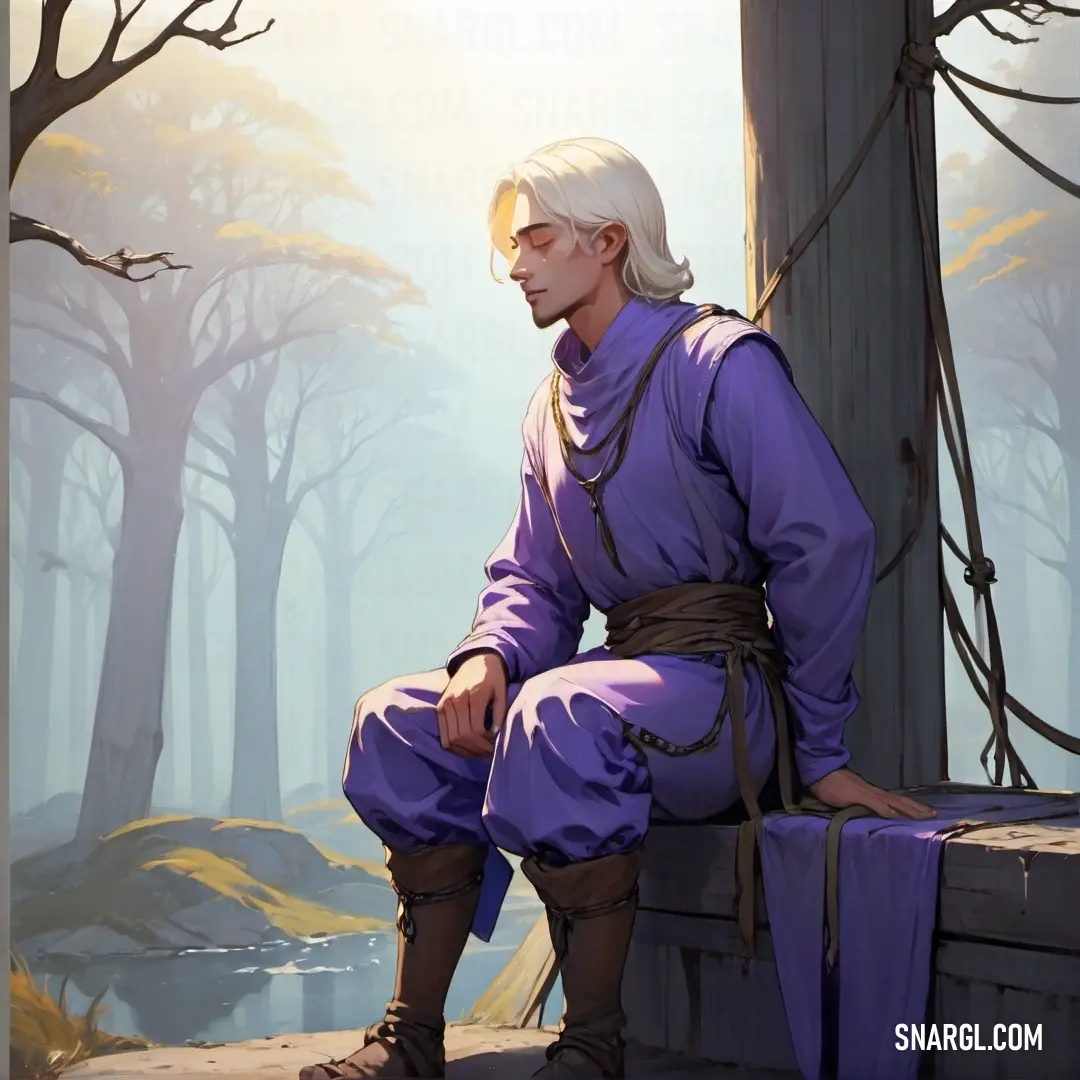 Man in a purple outfit on a bench in a forest with trees and a lake behind him. Color RGB 86,76,147.
