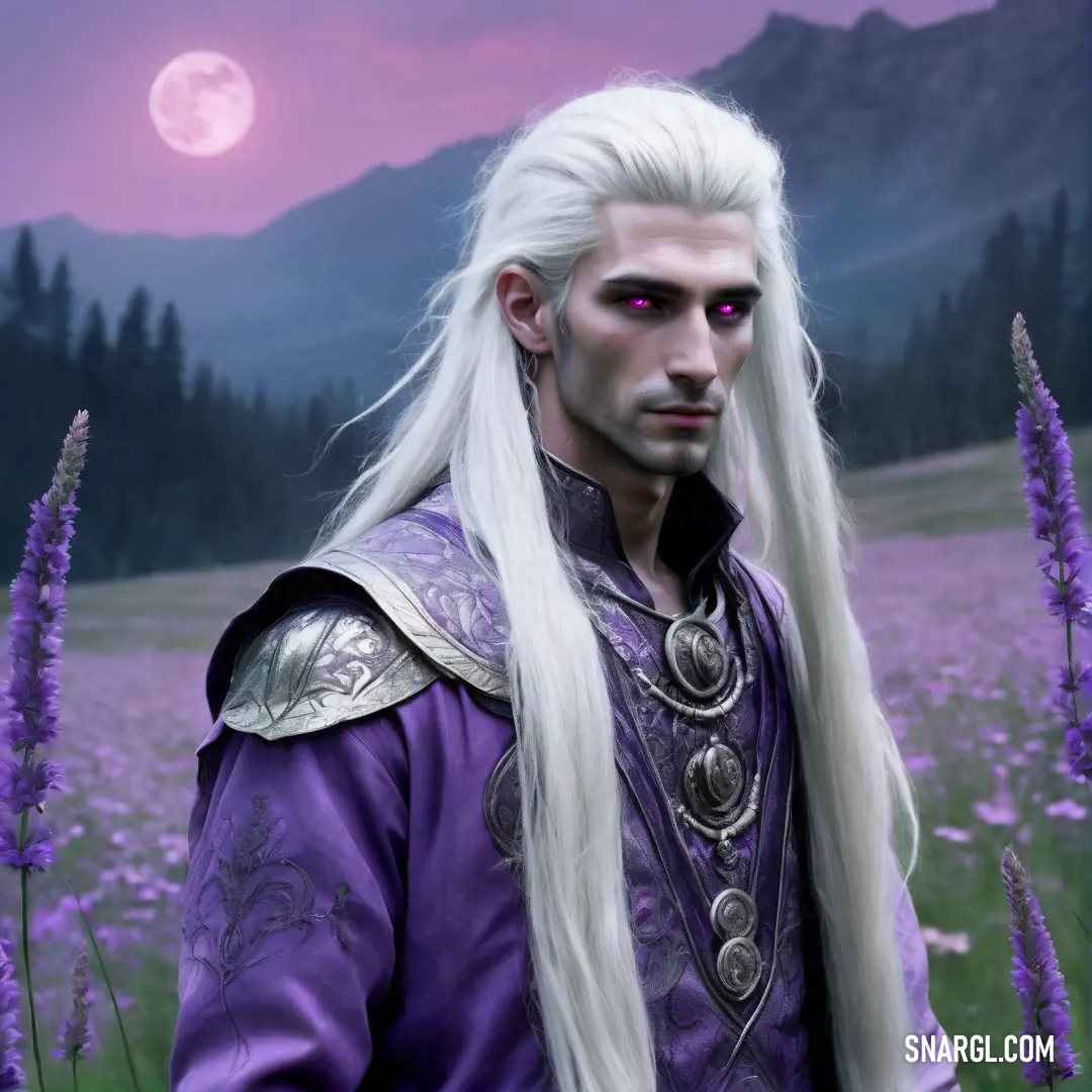 Man with long white hair and a purple outfit in a field of flowers with a full moon in the background. Color PANTONE 2103.