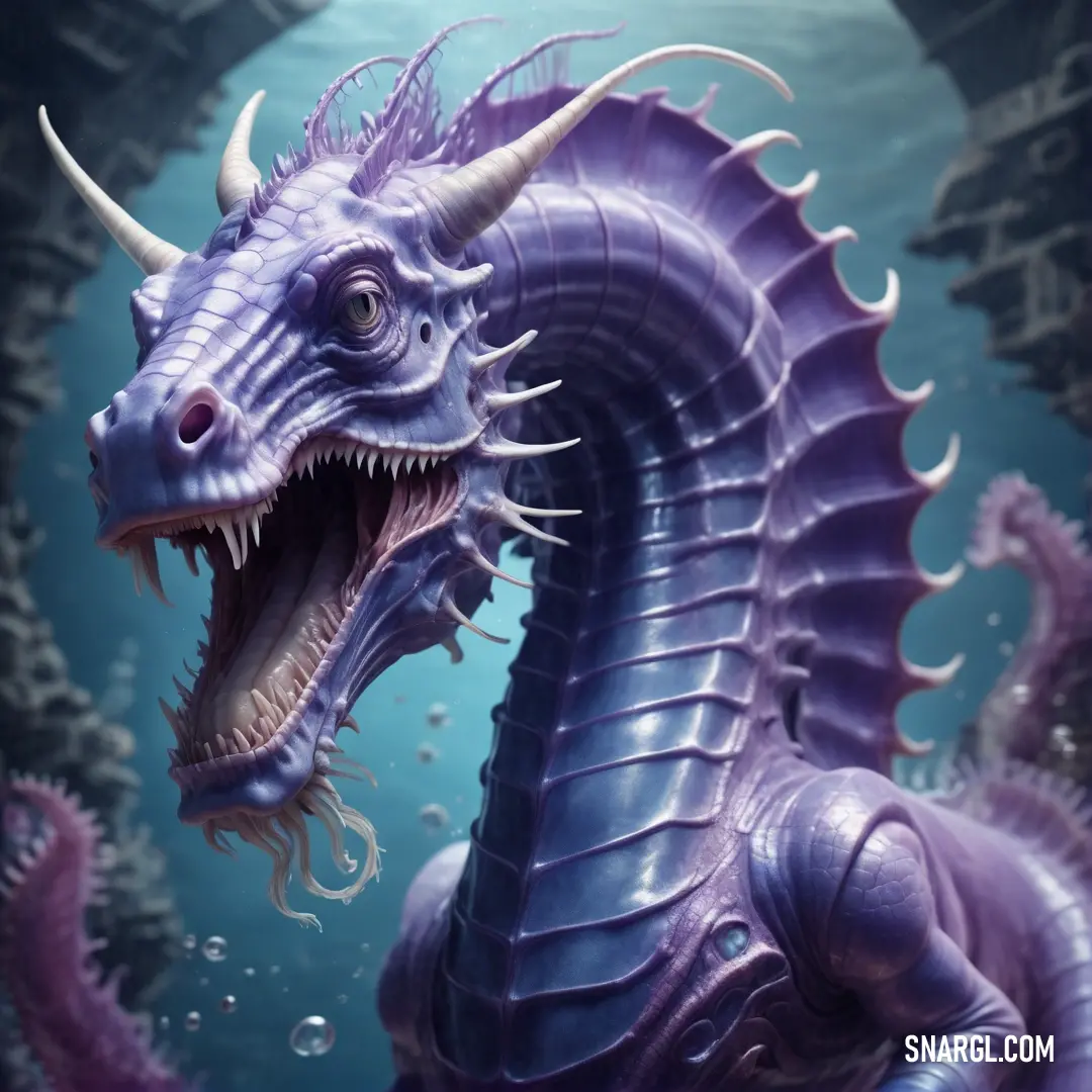 Purple dragon with its mouth open and its teeth wide open. Example of CMYK 84,82,0,0 color.