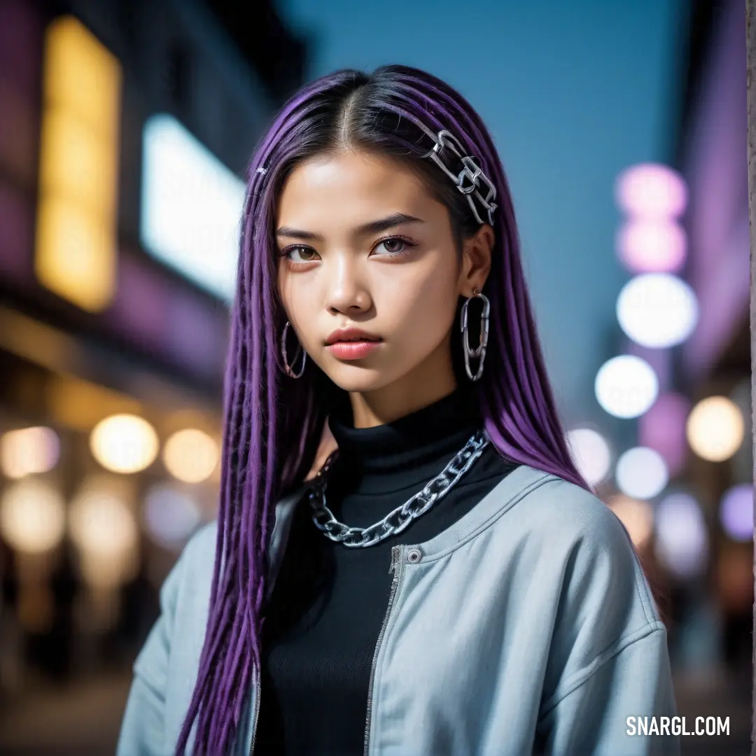 PANTONE 2103 color example: Woman with purple hair and a black shirt is standing in the street at night with a chain around her neck