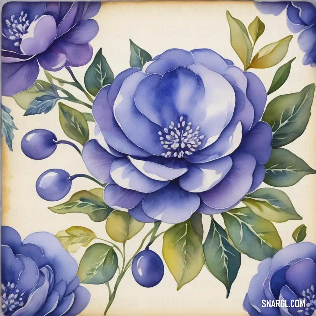 Painting of a blue flower with green leaves and berries on a white background. Color CMYK 92,87,0,0.