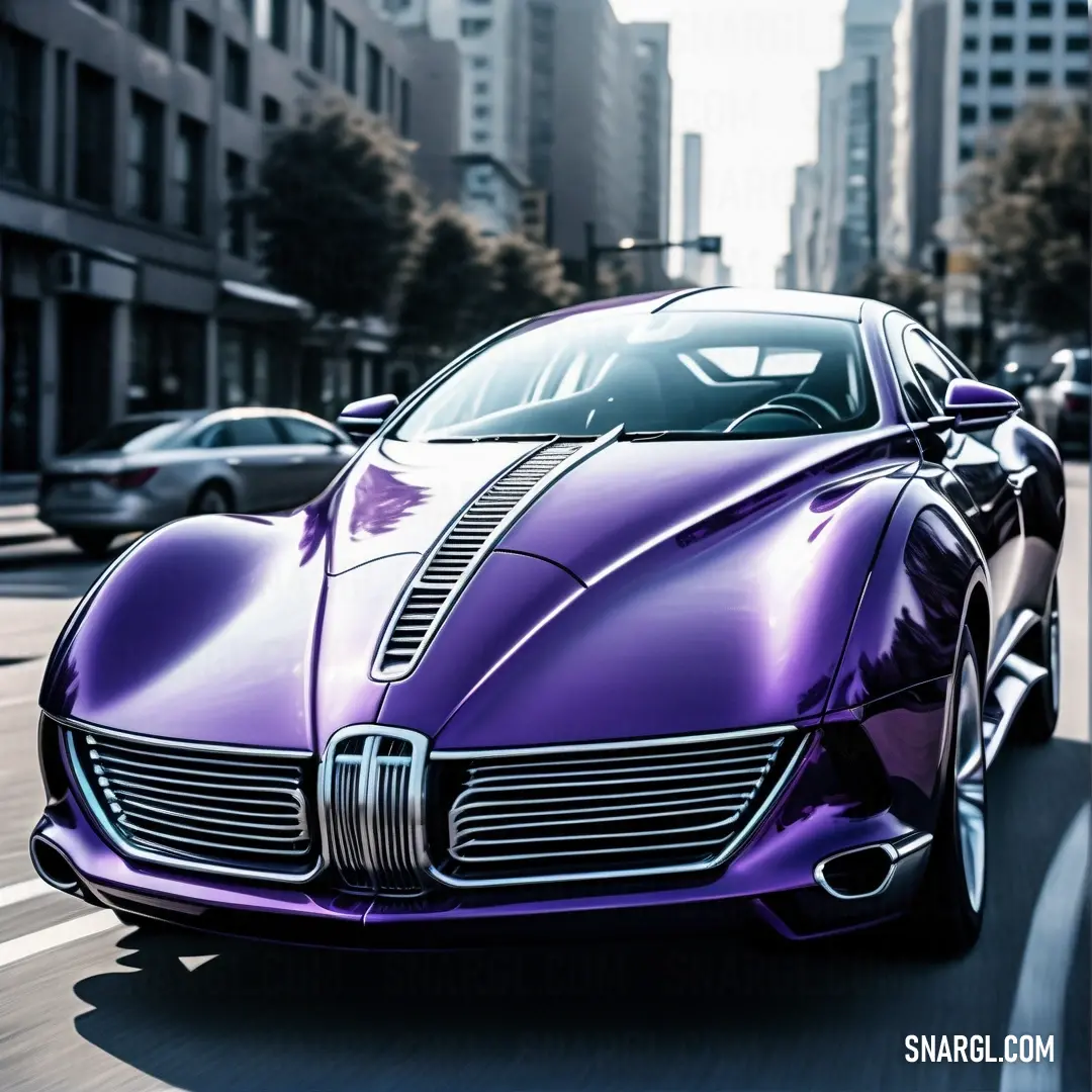 Purple sports car driving down a city street in front of tall buildings and tall buildings with cars on the street