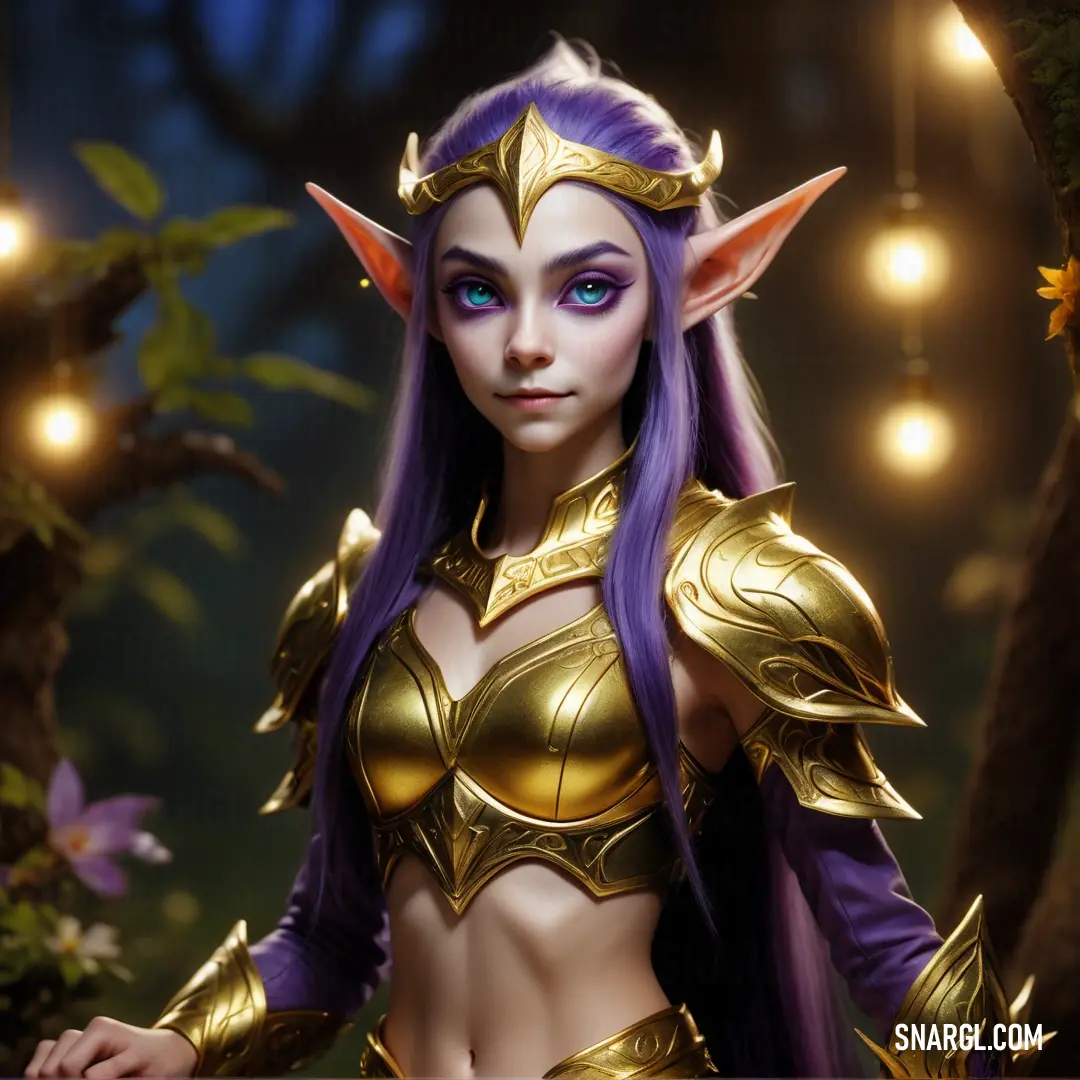 Woman dressed in a costume with purple hair and blue eyes and a gold outfit with horns and horns. Color RGB 68,64,137.