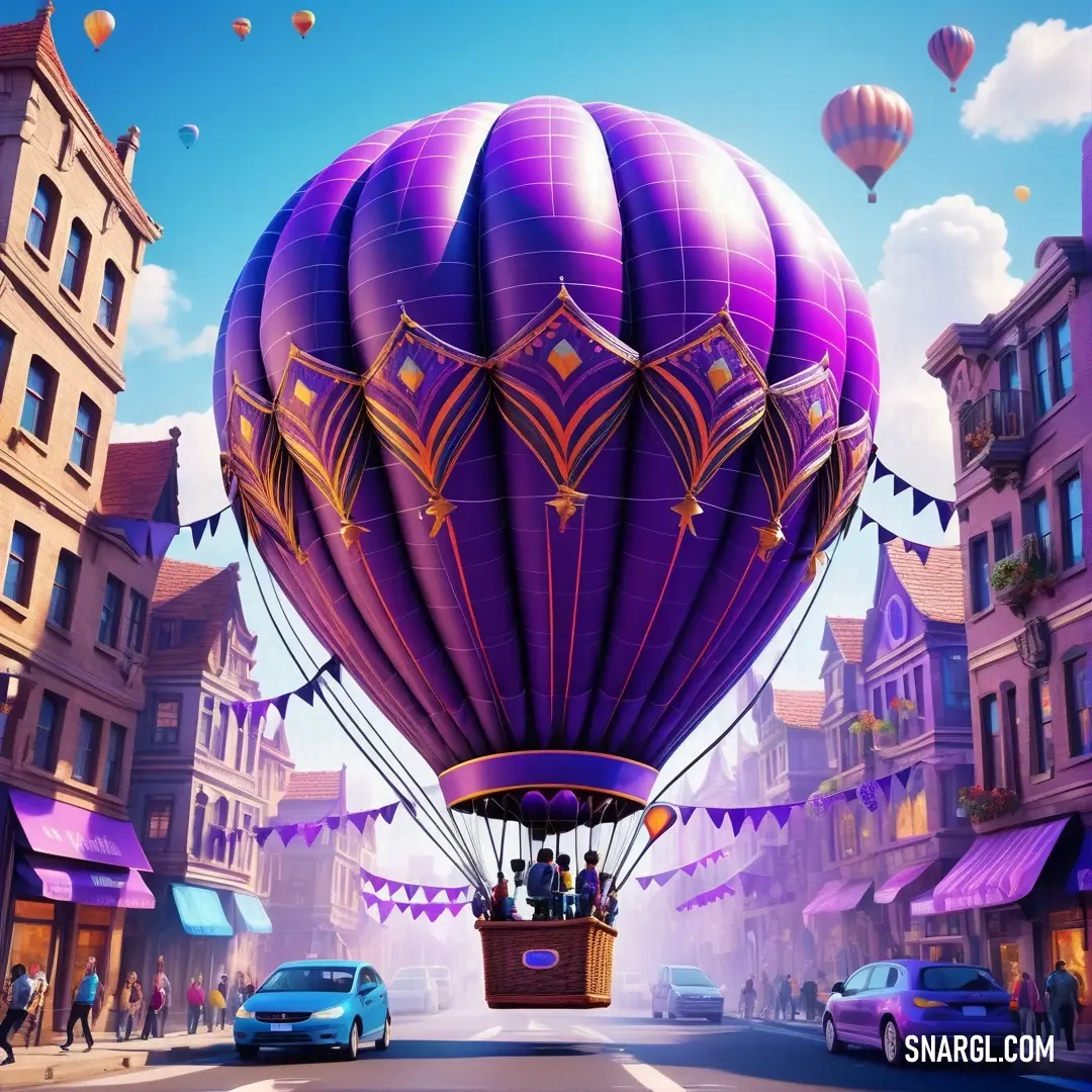 Large balloon is flying over a city street with cars and people on it. Example of RGB 56,44,117 color.