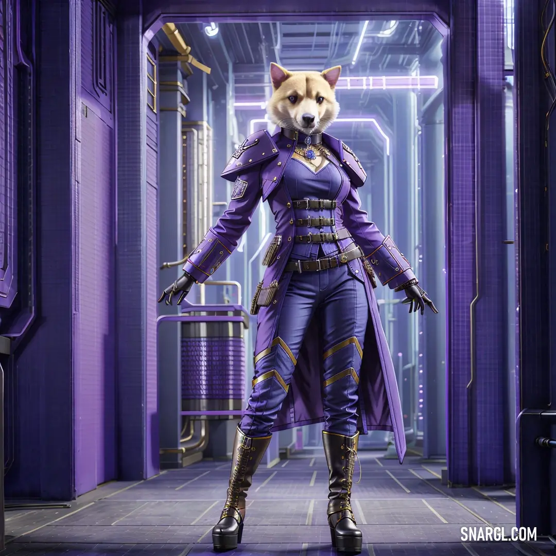 PANTONE 2105 color example: Woman in a purple outfit and a dog in a purple suit and boots in a hallway with purple walls