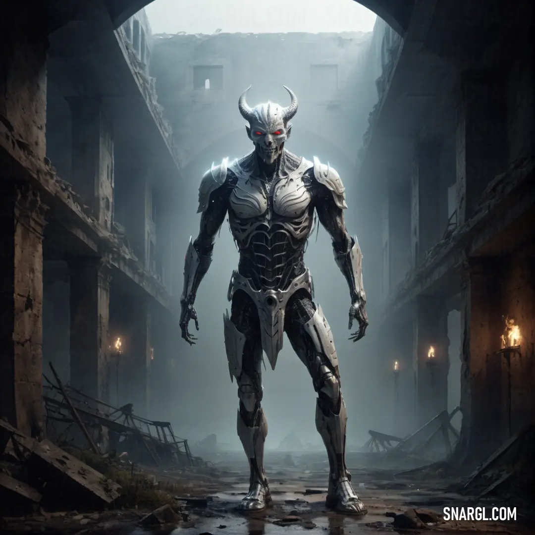 Man in a futuristic suit standing in a dark alleyway with a demon like head and horns on. Example of PANTONE 2106 color.