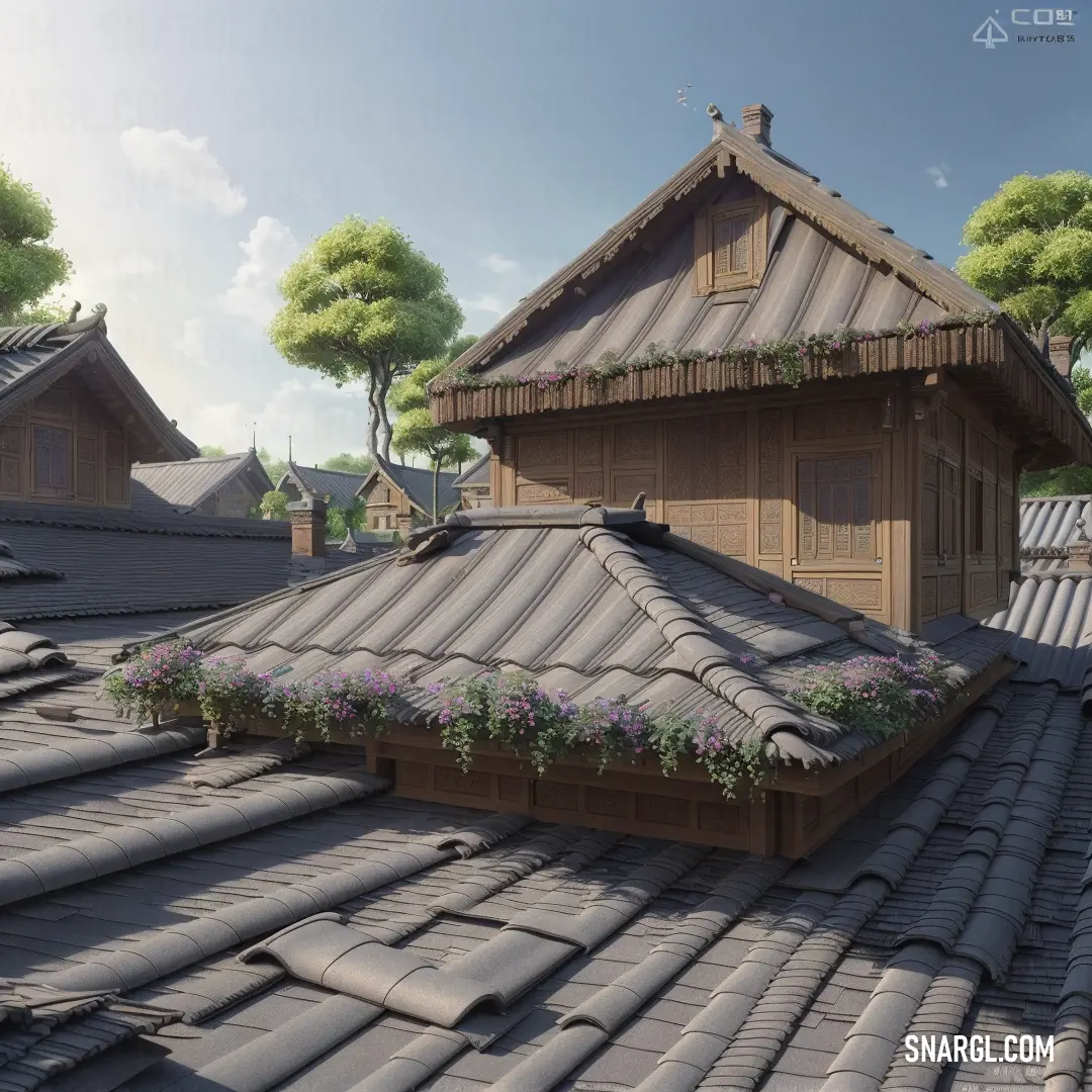 House with a roof made of clay and a roof with a flower growing on it and a building with a roof made of clay and a roof