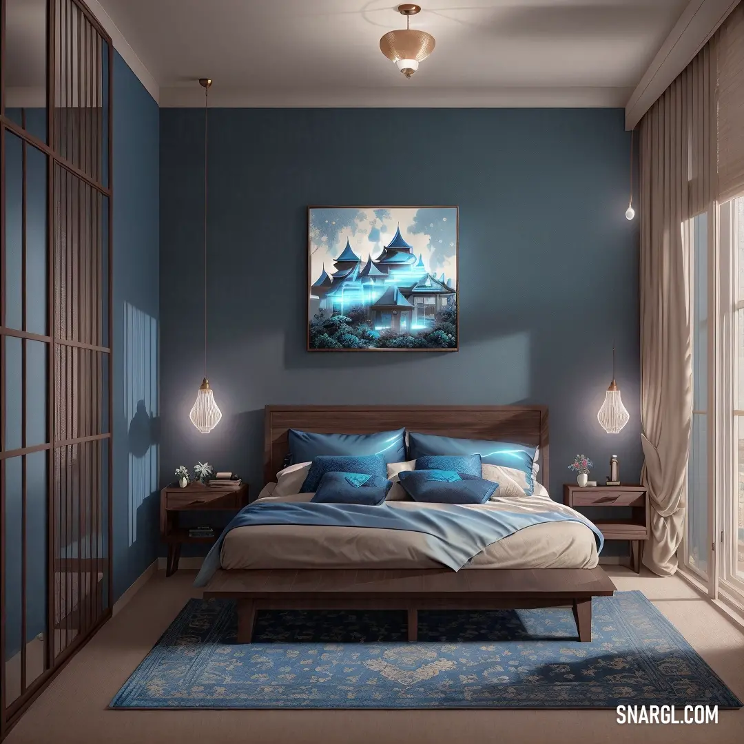 PANTONE 2109 color example: Bedroom with a large bed and a painting on the wall above it that is blue and has a blue rug