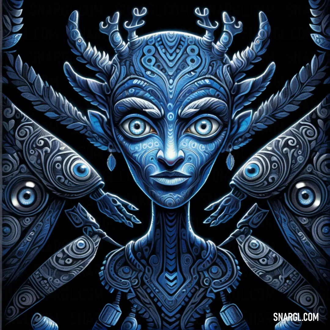 Blue woman with horns and eyes surrounded by other blue creatures and birds. Example of #5C6D8B color.