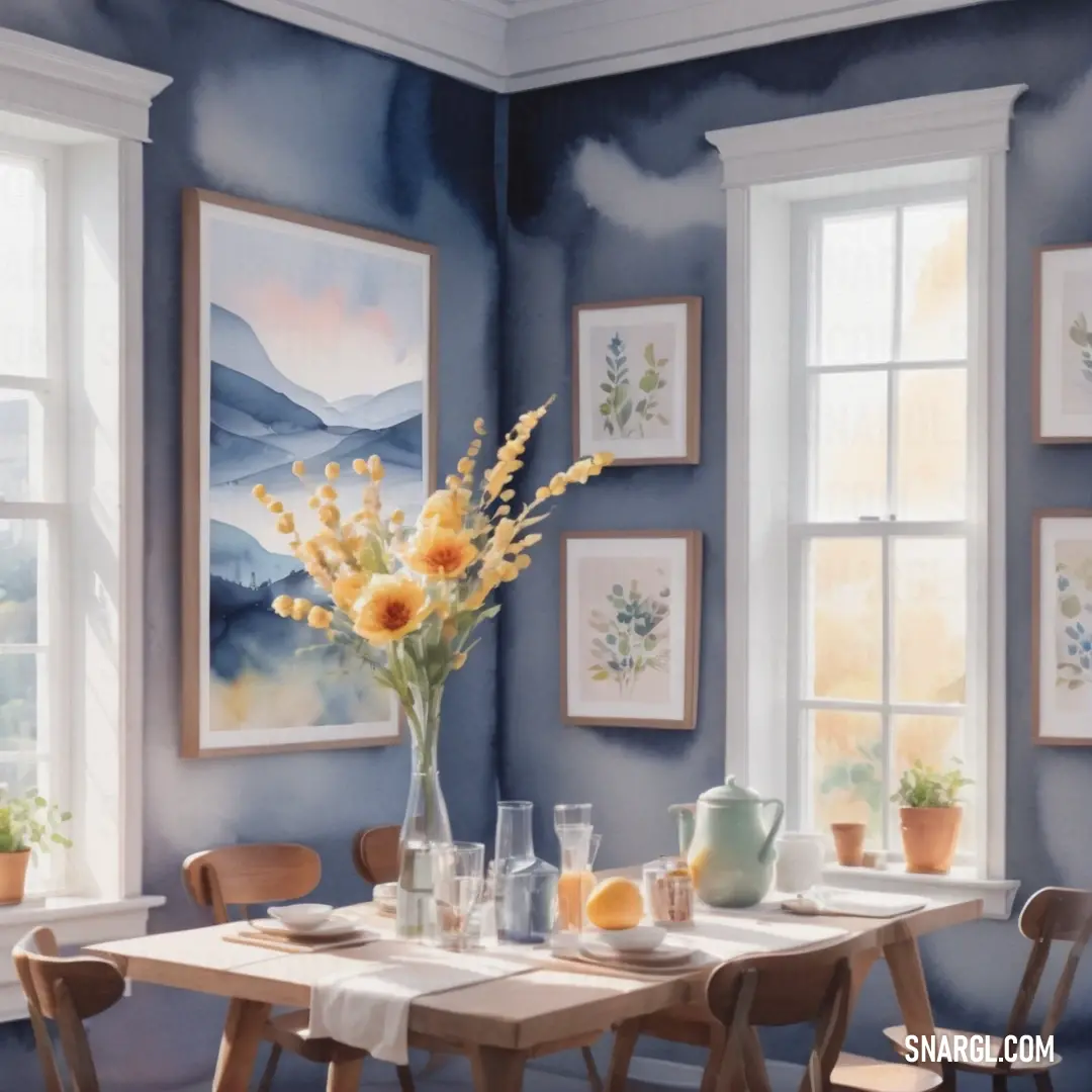 Dining room with a table and chairs and a vase of flowers on the table with a vase of flowers in front of the table