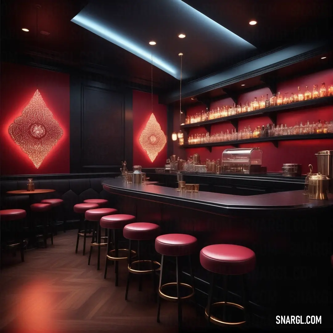 A sleek bar with red stools and a black counter provides a modern yet cozy vibe. The deep red walls and shelves filled with candles and bottles create a warm and inviting atmosphere, while the RGB 229,139,173 color adds depth and elegance.