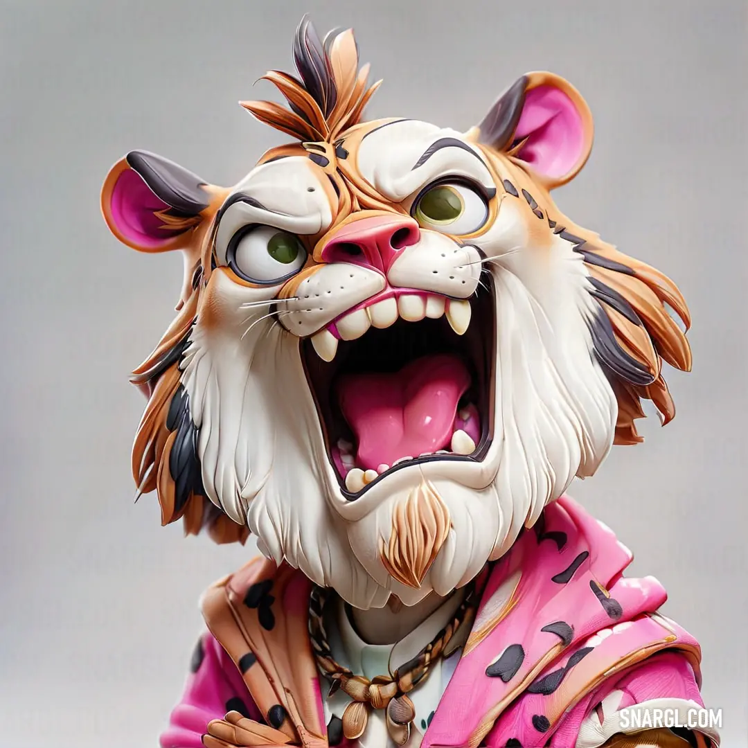 Close up of a statue of a tiger wearing a pink outfit and a necklace with a heart on it