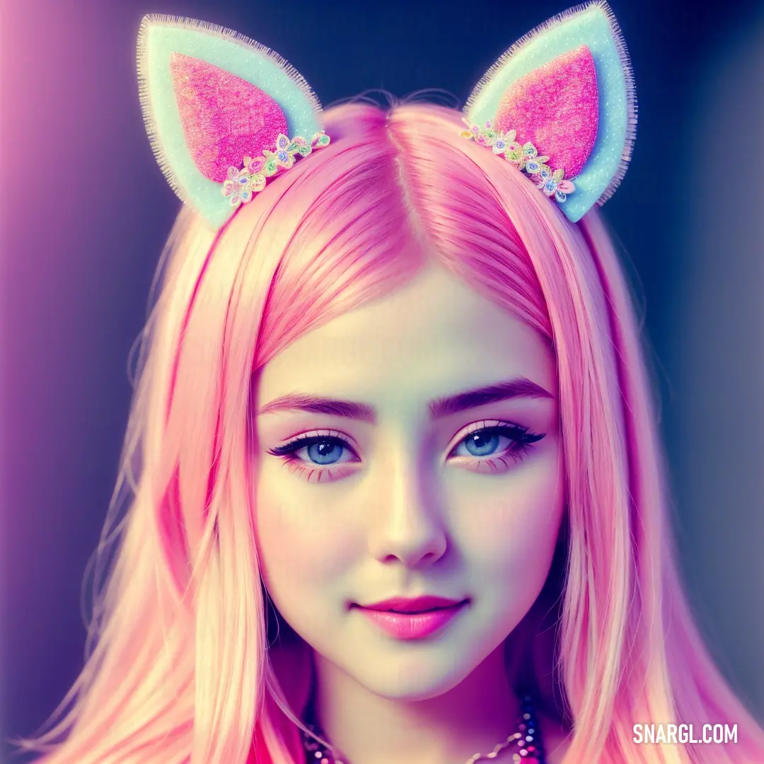 Girl with pink hair and a cat ears on her head wearing a necklace and a necklace