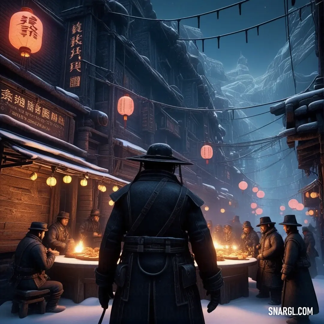 A man in a hat and coat stands on a snowy street, with lanterns softly glowing above him. The wintery scene is filled with a group of people, and the warm pink tones of PANTONE 211 cast a serene light on the frosty landscape.