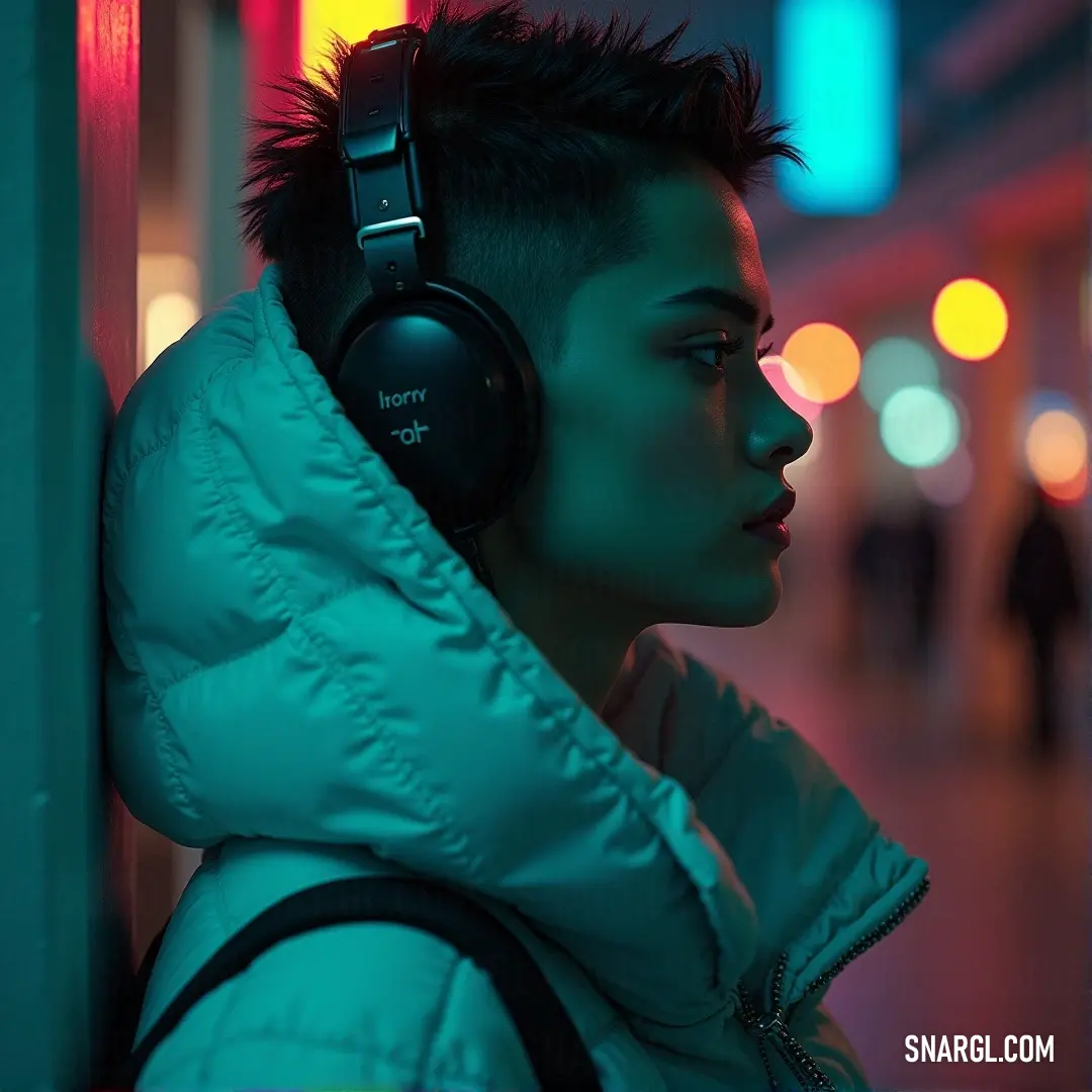 A young man wearing headphones gazes out of a window onto a bustling street illuminated by nighttime lights. The ambiance is filled with intrigue and contemplation, as he absorbs the vibrant energy of the city outside.