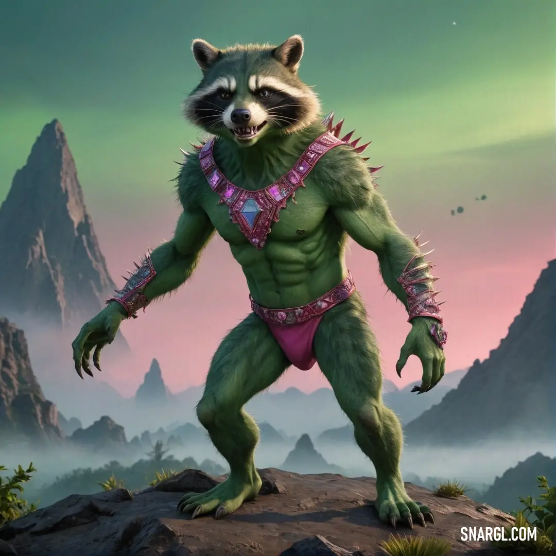 A charming raccoon lounges in playful pink underwear atop a sun-kissed rock, surrounded by majestic mountains, radiating a feeling of mischief and tranquility amid nature's splendor.