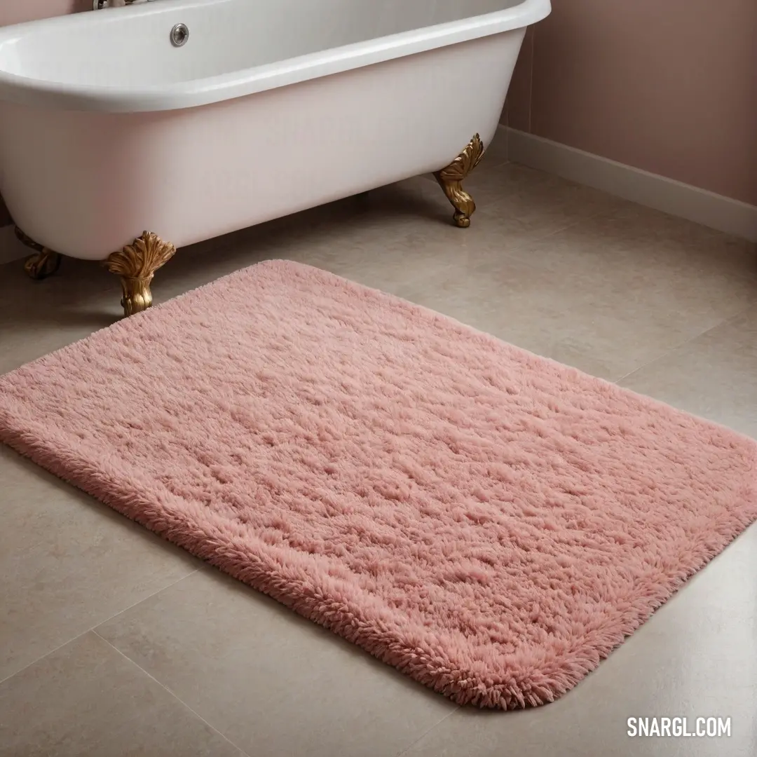 A captivating bathroom scene features a charming clawfoot tub next to a delightful pink rug, highlighting the inviting allure of relaxation. PANTONE 211 colors infuse the space with a playful spirit, perfect for rejuvenation.