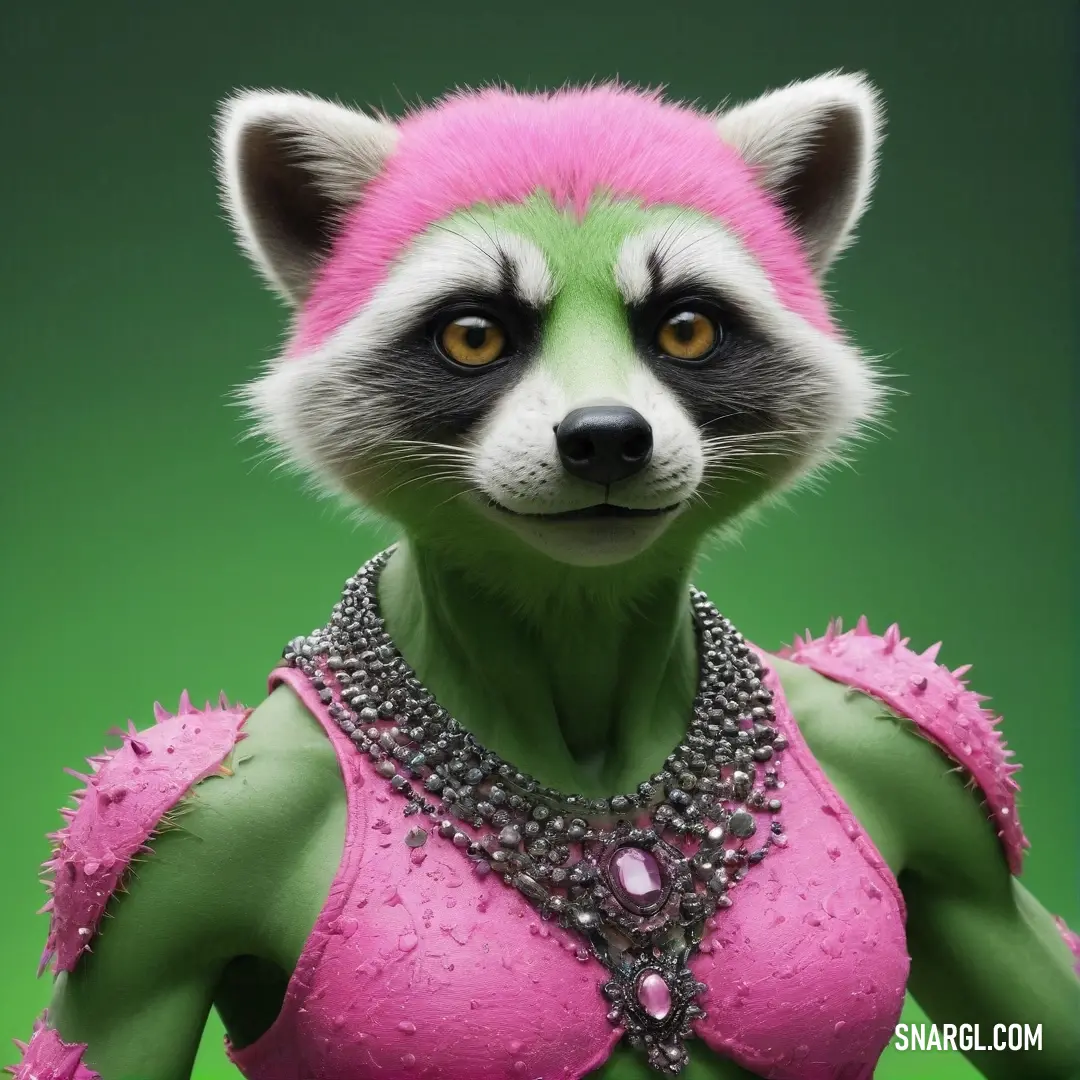 A stylish raccoon models a pink bra and shimmering necklace against a lush green backdrop, vividly showcasing playful elegance and whimsy in the natural world.