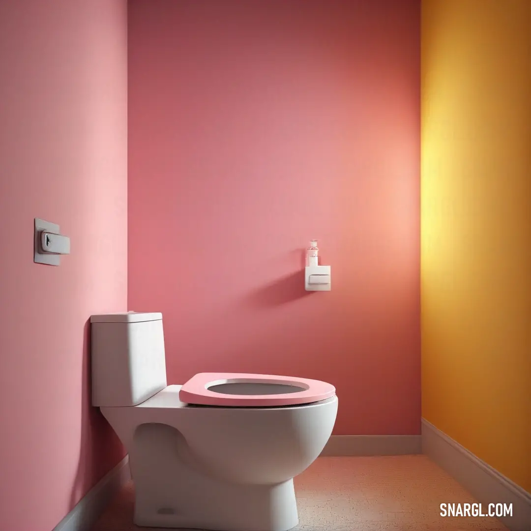 A toilet with a pink seat in a bathroom, surrounded by a pink wall and a white toilet paper dispenser. The use of CMYK 0,61,6,0 color brings a cohesive, warm atmosphere to the setting.