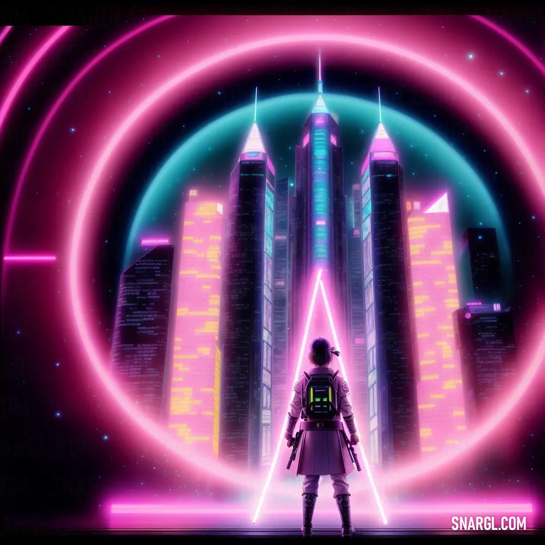 Person standing in front of a futuristic city with neon lights and a neon ring around them that reads