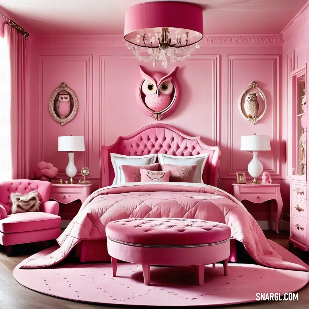 Pink bedroom with a pink bed and pink furniture and a chandelier above the bed