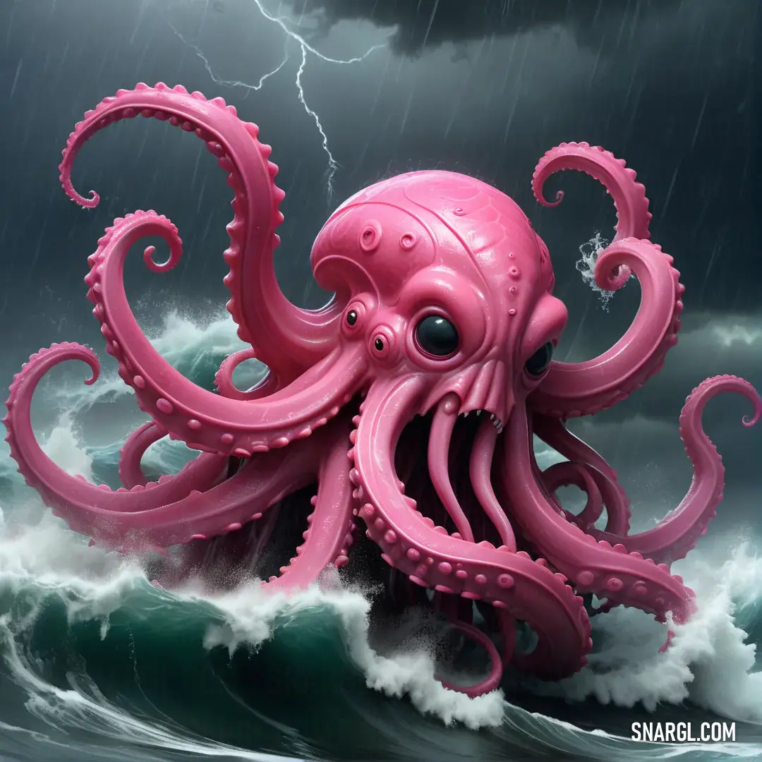 Pink octopus is in the ocean with a lightning in the background and a dark sky above it