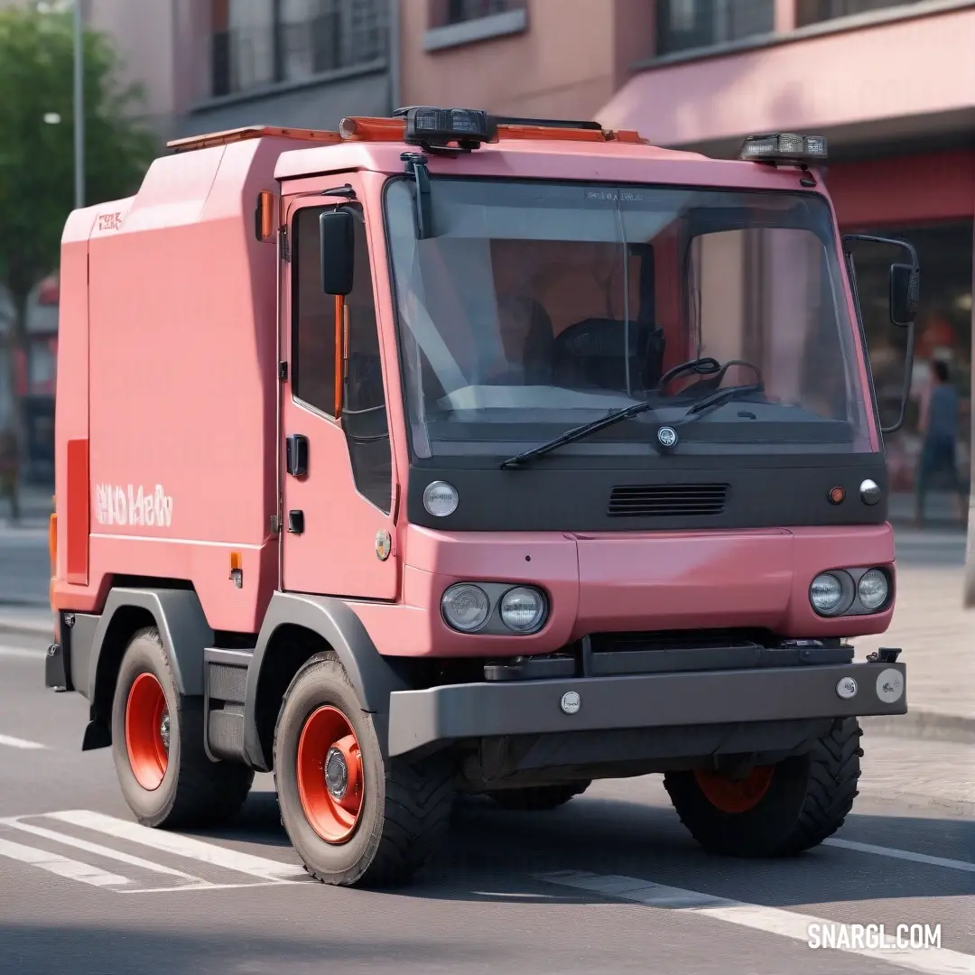 A pink truck driving down a street with a tall building and red roof beside it. The truck contrasts against the backdrop, with CMYK 0,61,6,0 bringing out a warm, inviting hue in the scene.