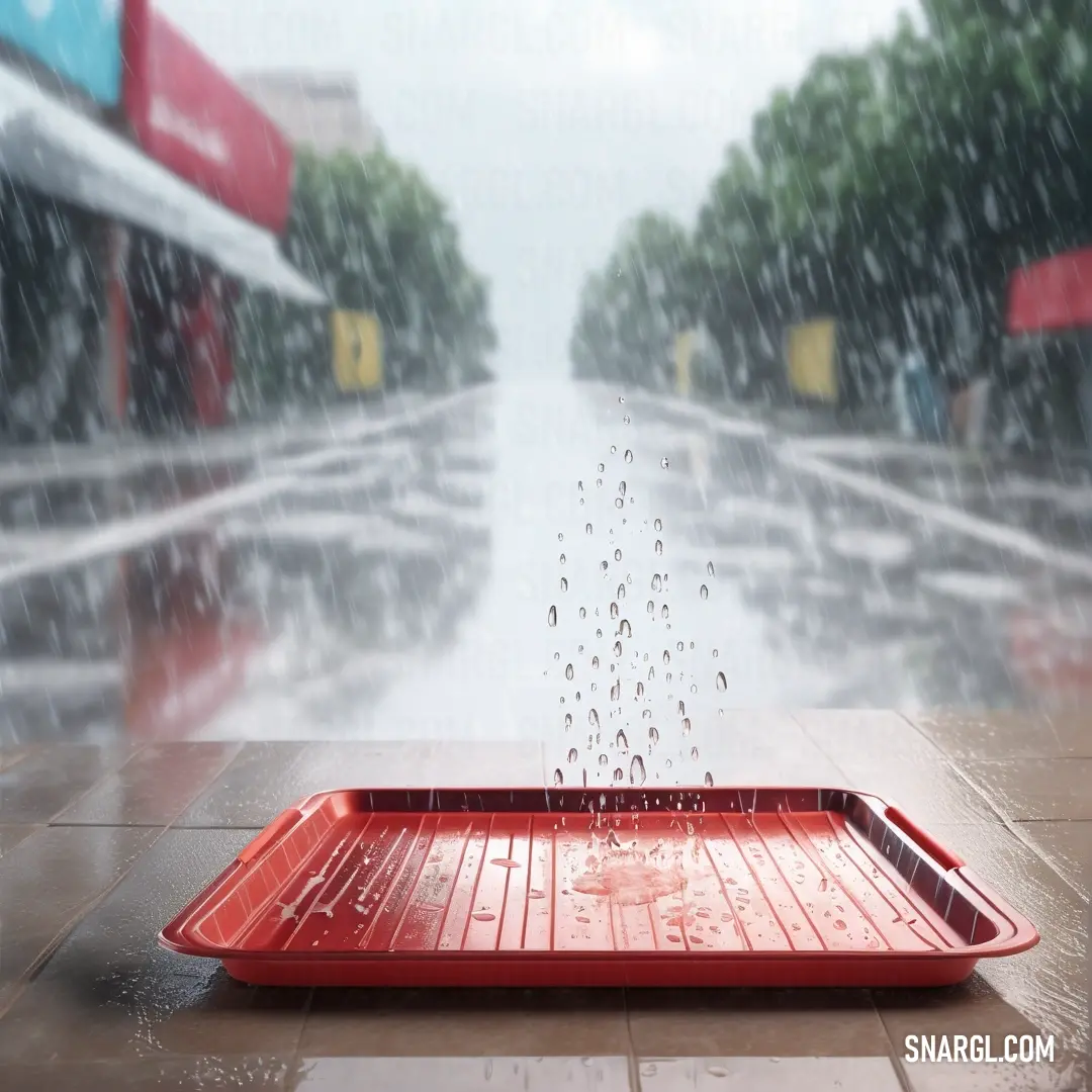 A vibrant red tray adorned with sparkling water droplets sits elegantly on a table, contrasting beautifully with the soft rain pouring outside a quaint store. The scene evokes a sense of charm, inviting viewers to savor the refreshing ambiance.