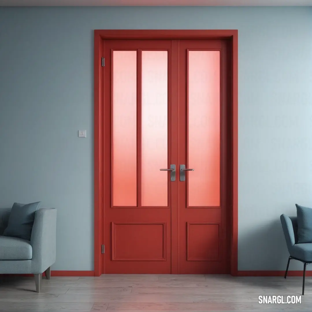 A cozy room features a simple chair beside a striking red door, creating a warm and inviting space. The soft ambiance is complemented by the chair nestled in the corner, enhancing the room's charm and character.