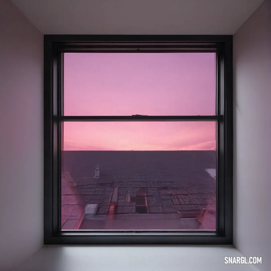 A tranquil window framed in soft pink hues, offering a breathtaking view of a sprawling landscape kissed by the warm glow of sunset. The scene evokes a sense of peacefulness and wonder, inviting you to daydream about the beauty that lies beyond.