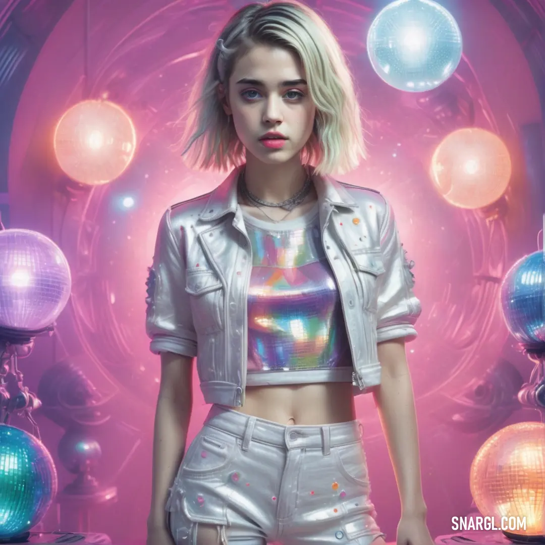 Woman in a silver jacket and shorts standing in front of a disco ball backdrop with disco balls