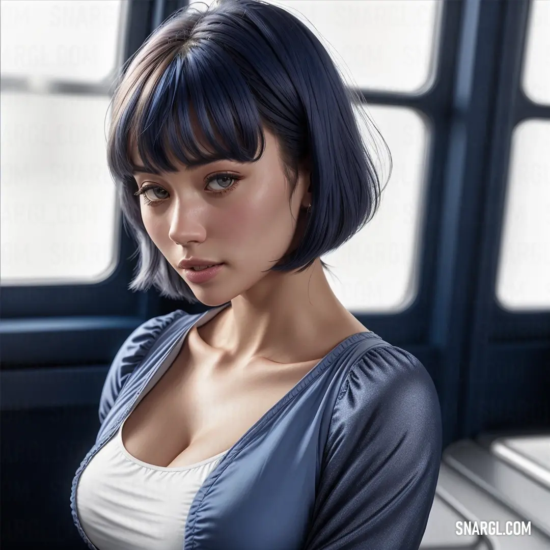 Woman with a short bob cut and a blue shirt on. Color RGB 81,93,130.