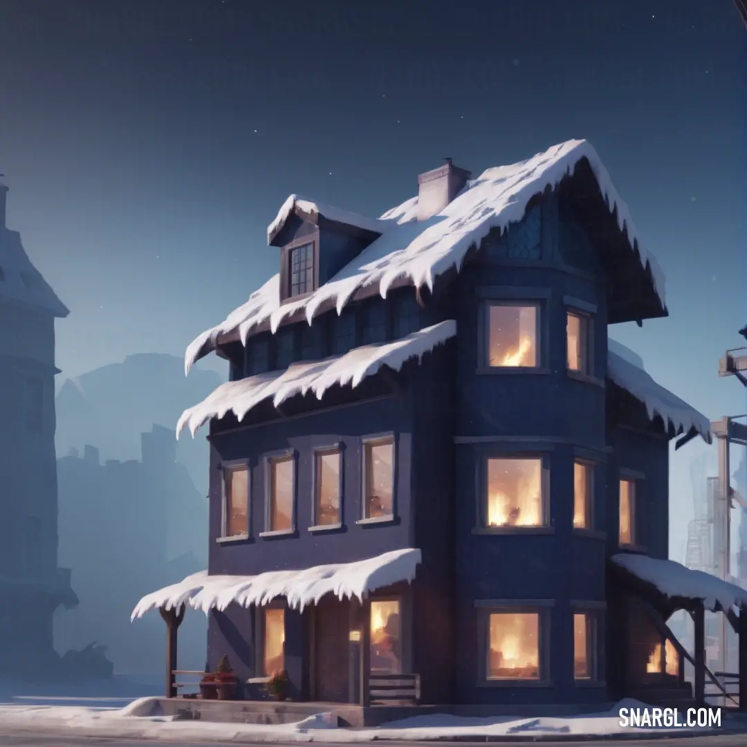 House with a lot of snow on the roof and windows and a clock tower in the background. Color PANTONE 2111.