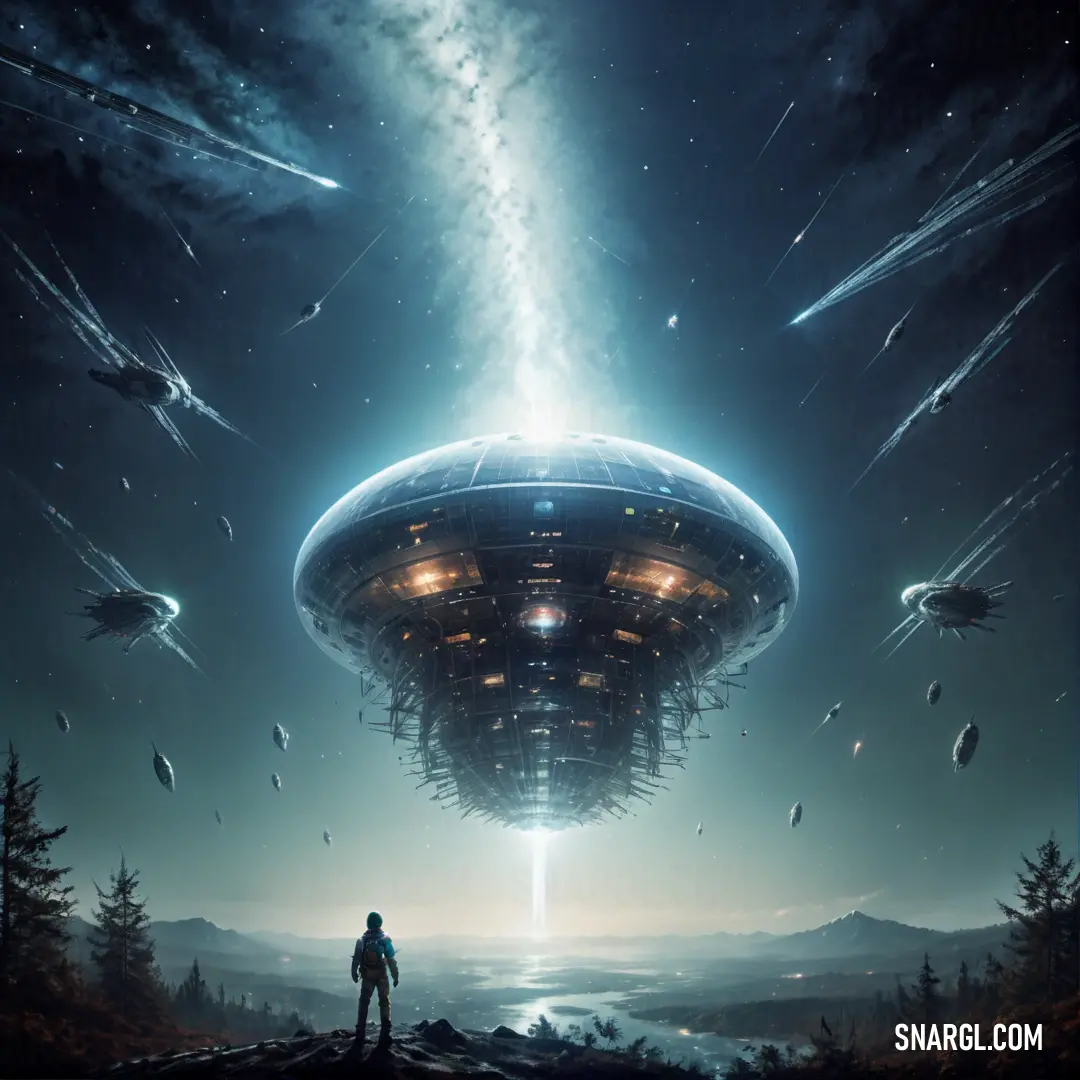 Man standing in front of a giant alien ship in the sky with a man standing on the ground. Example of RGB 63,81,115 color.