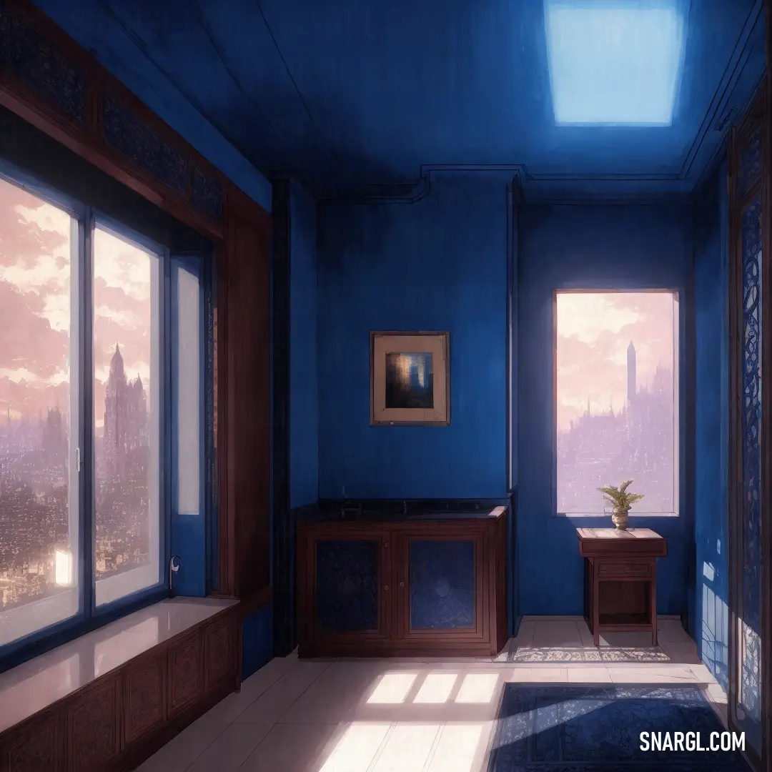 PANTONE 2112 color. Room with a blue wall and a window with a view of the city outside of it