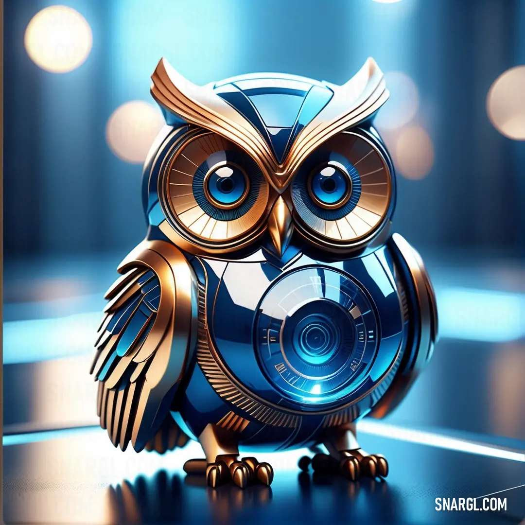 Shiny blue owl with a speaker on its chest and eyes closed. Color PANTONE 2112.