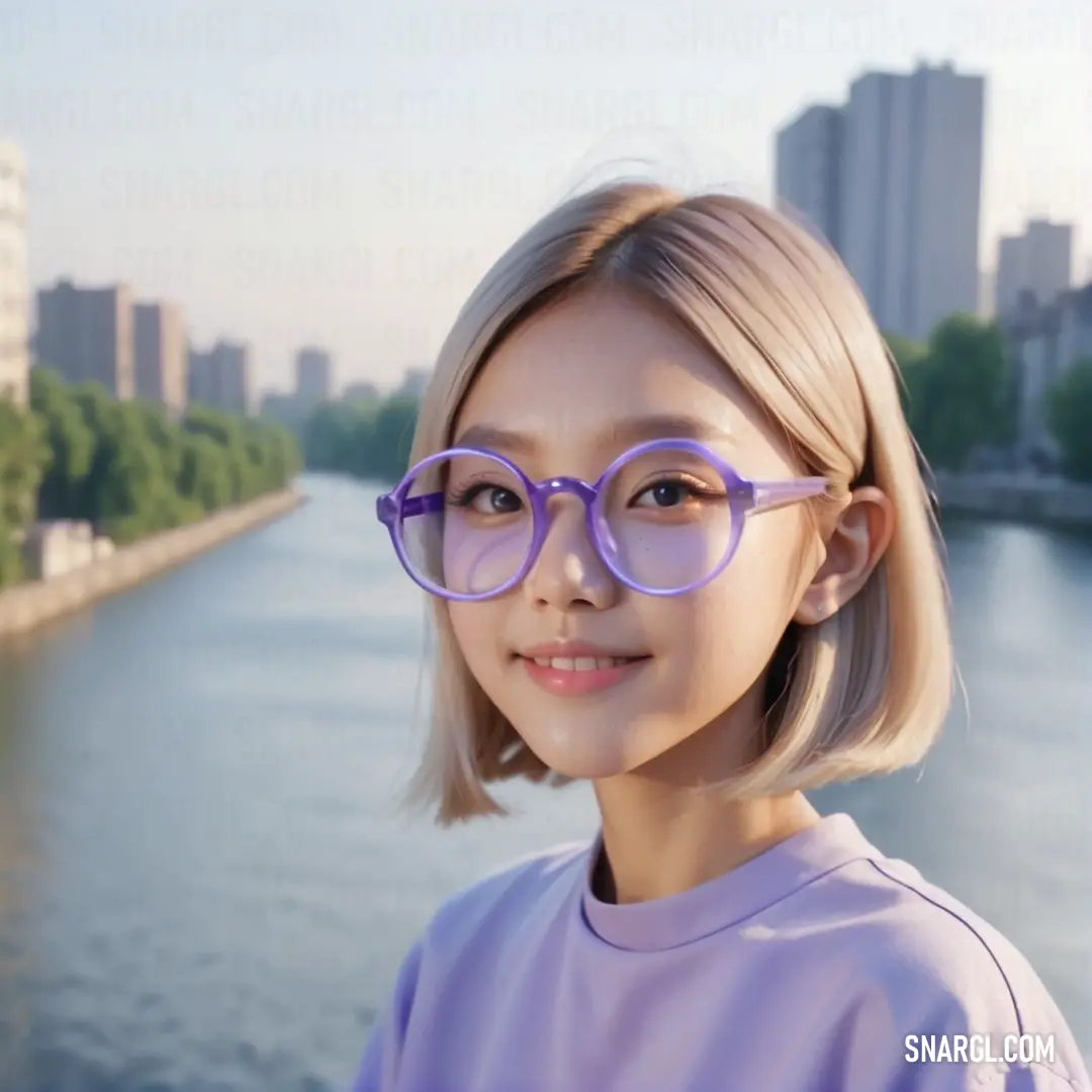Young girl wearing glasses standing next to a river in a city setting with buildings in the background. Example of #A0ADD3 color.