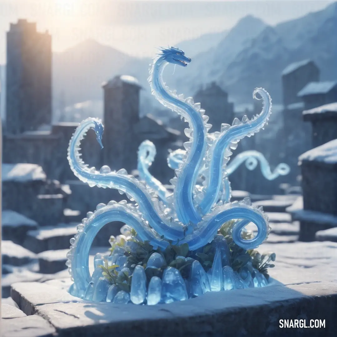 Blue sculpture of an octopus on a stone platform in a snowy landscape with mountains in the background. Example of PANTONE 2114 color.