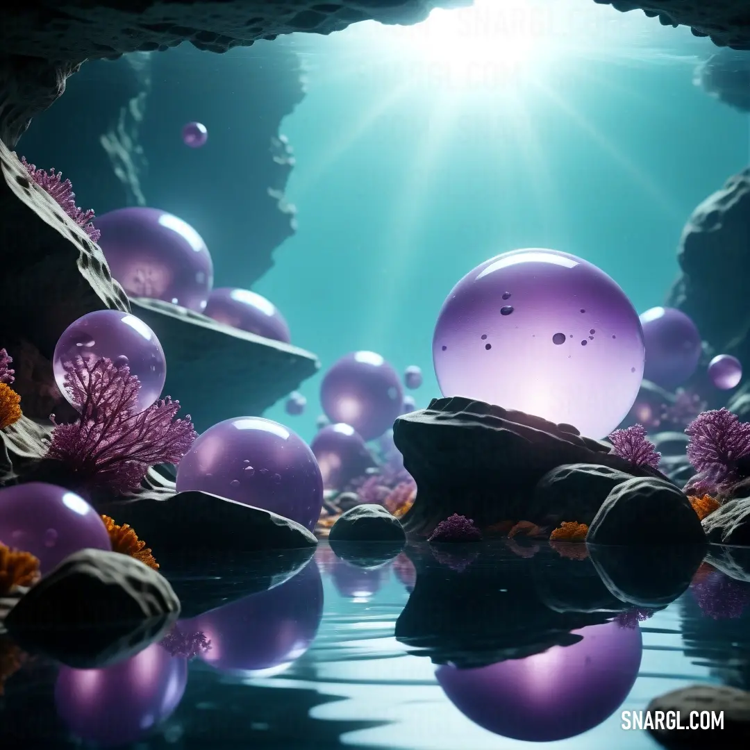 Group of balls floating in a lake surrounded by rocks and flowers with a bright sun shining in the background. Color #838FC0.