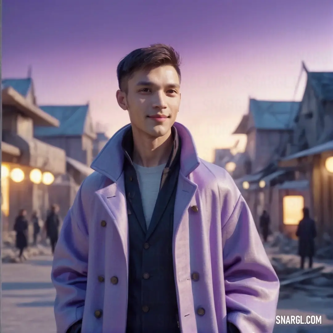 Man standing in front of a street with a purple coat on and a purple sky in the background. Example of RGB 131,143,192 color.