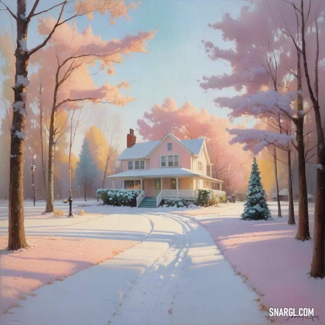 Painting of a house in the snow with trees and snow covered ground in front of it and a path leading to the house