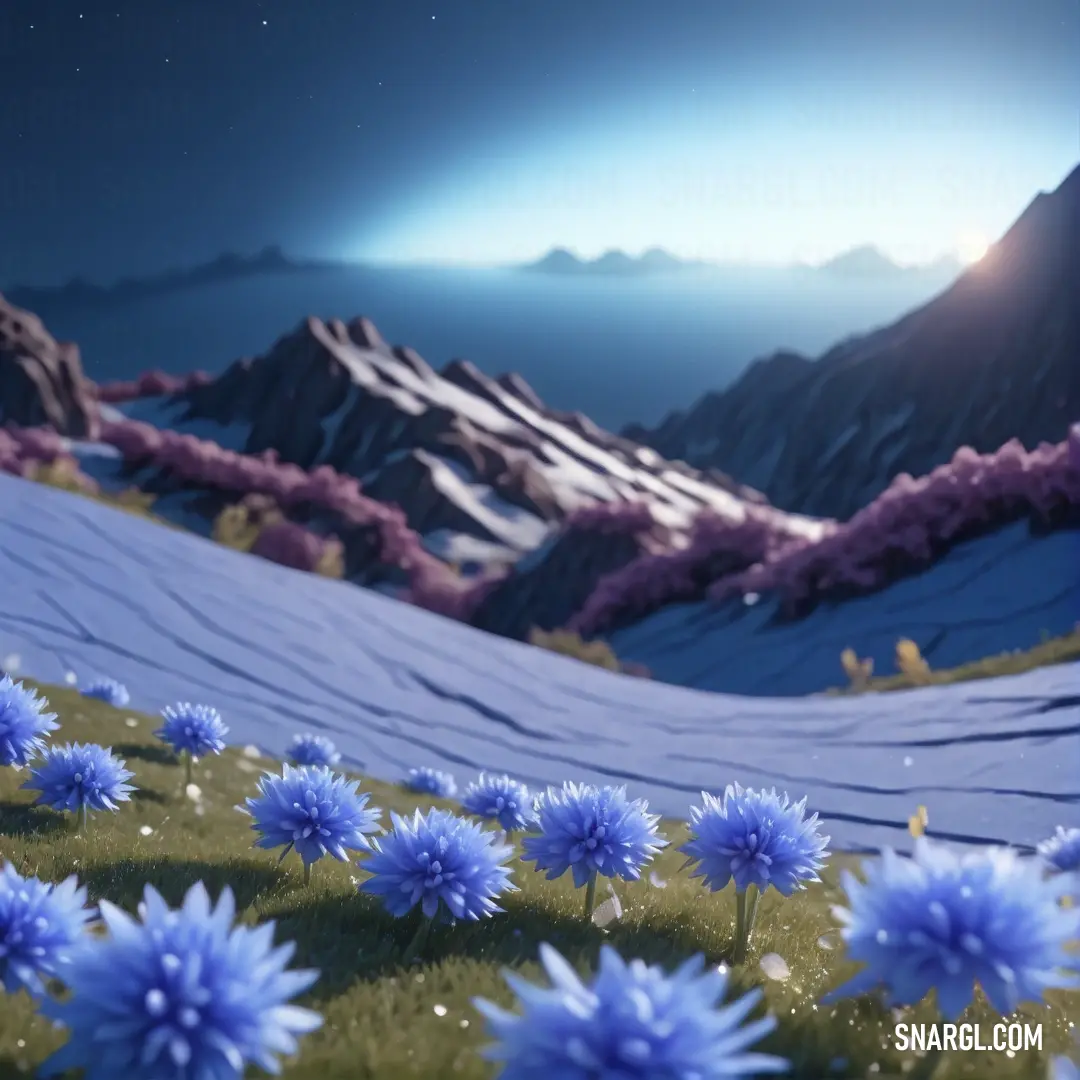 Computer generated image of a mountain landscape with blue flowers in the foreground. Example of CMYK 64,46,0,0 color.